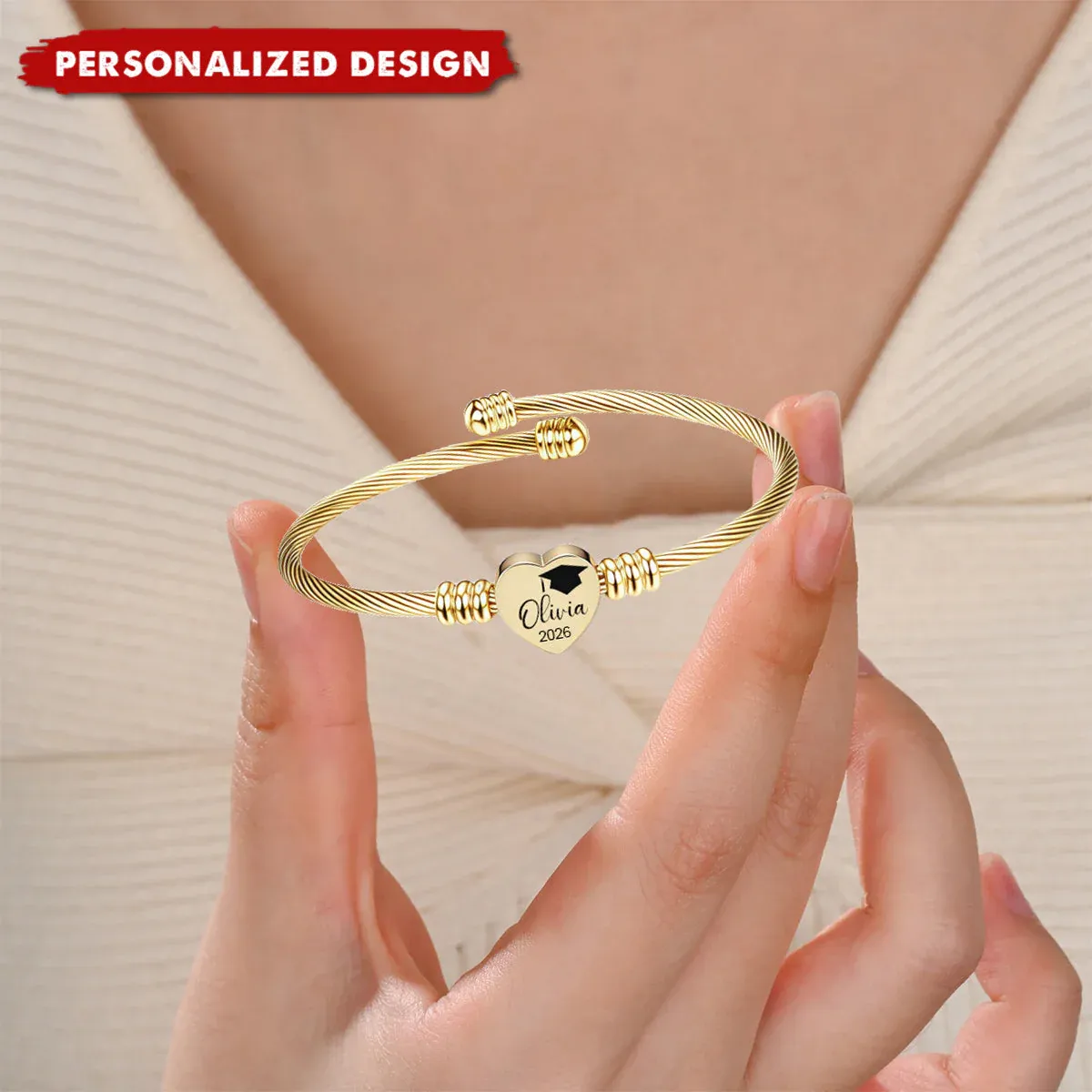 Personalized Graduation Heart Bracelet - Custom Name & Year Gift for Her