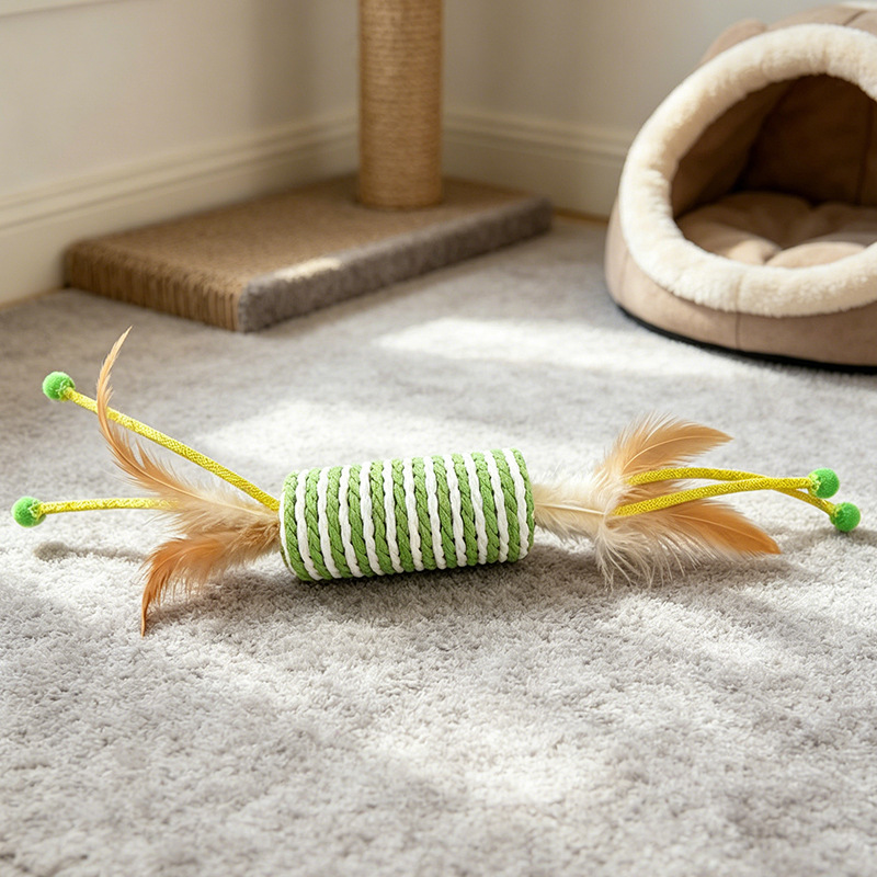Interactive Feather Roller Cat Toy - Green & White Striped Self-Play Toy