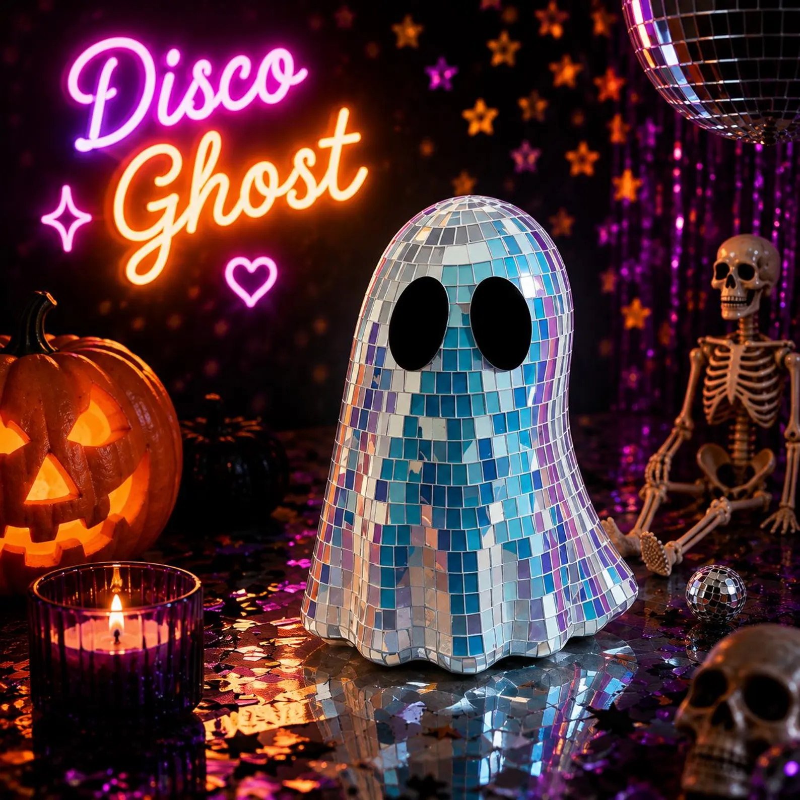 Iridescent Disco Ghost Mirror Ornament, Mosaic Halloween Decoration, Rainbow Reflective Figurine, Spooky Retro Decor