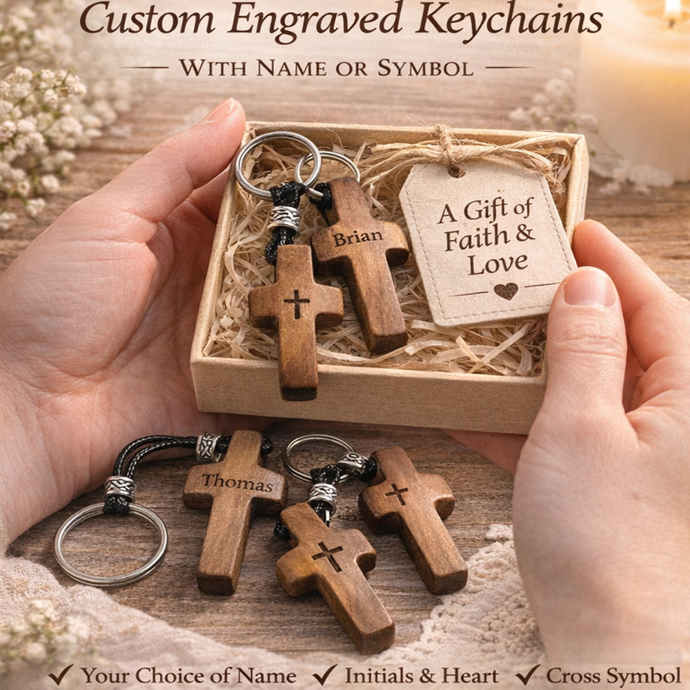 Custom Wooden Cross Heart Keychain with Engraved Initial and Name Easter Baptism Gift for Christians