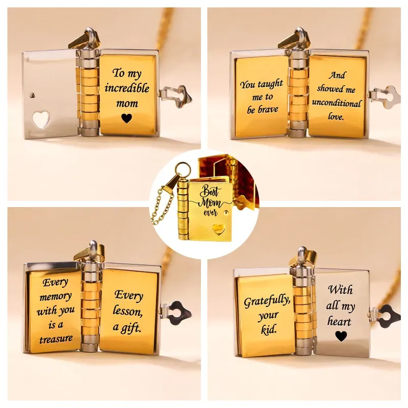 Personalized Mom Necklace for Women - Heartfelt Message Jewelry for Mom from Daughter Son, Engraved Book Pendant, Birthday Christmas Gift for Mother