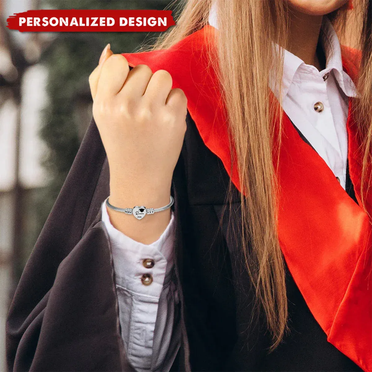 Personalized Graduation Heart Bracelet - Custom Name & Year Gift for Her