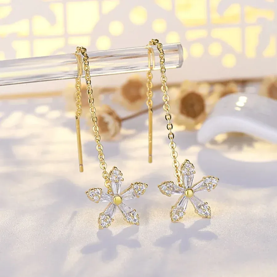 Sparkling Snowflake Flower Threader Earrings in Silver –Chain Earrings