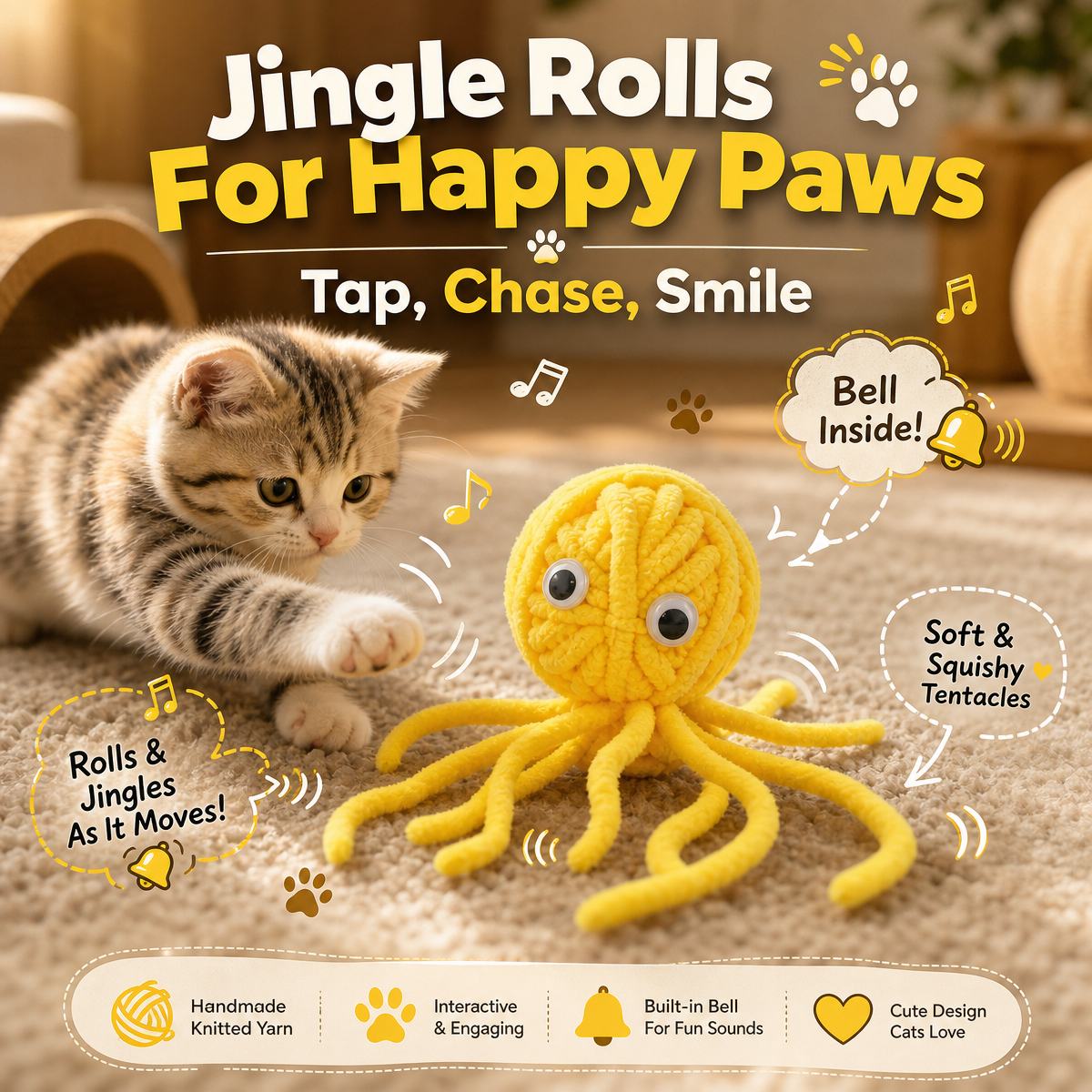 Handmade Chenille Octopus Cat Toy with Bell - Interactive Kitten Gift