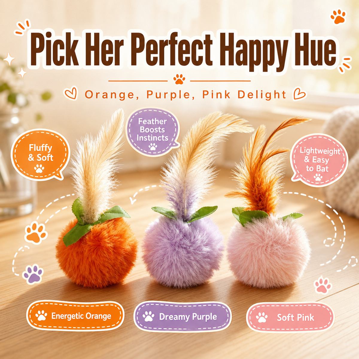 Persimmon Lucky Cat Toy Plush Feather Ball Interactive Pet Teaser Gift