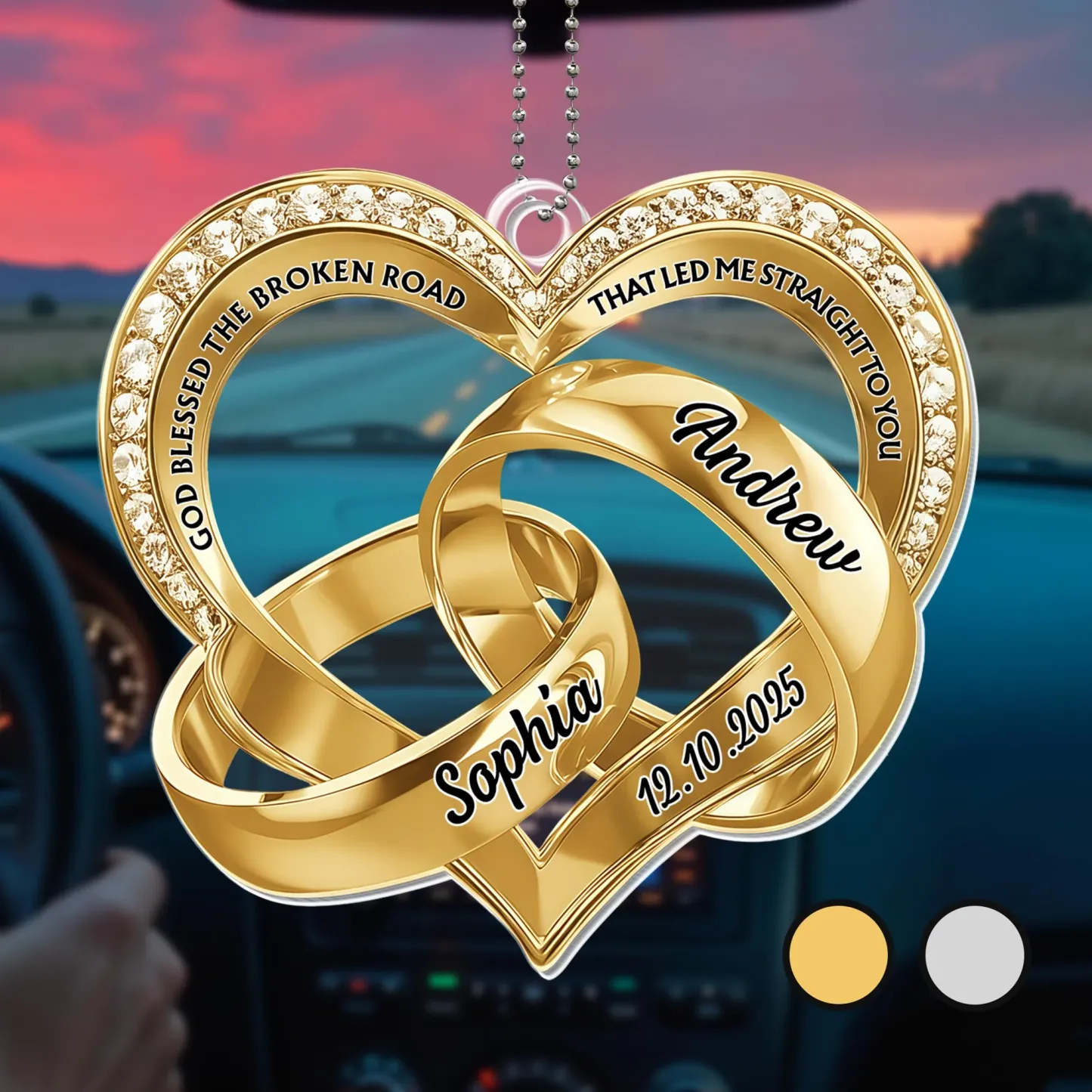 Personalized God Blessed The Broken Road, Heart And Rings Ornament