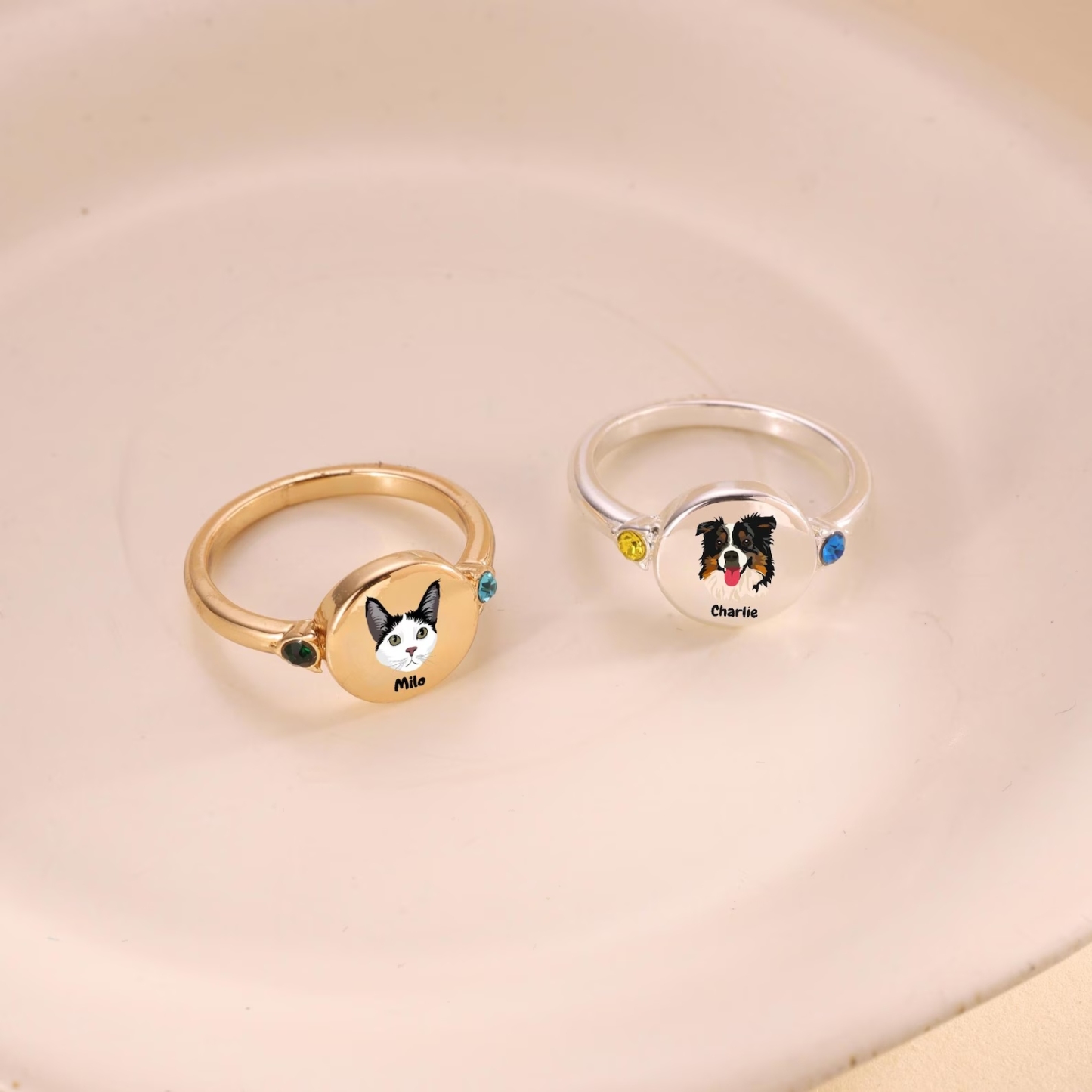 Custom Dog or Cat Ring with Birthstone, Custom Pet Portrait Photo Ring, Dog Cat Memorial Jewelry Gift For Pet Lover, Pet Remembrance, Gift for Her - GetPhotoSocksUk