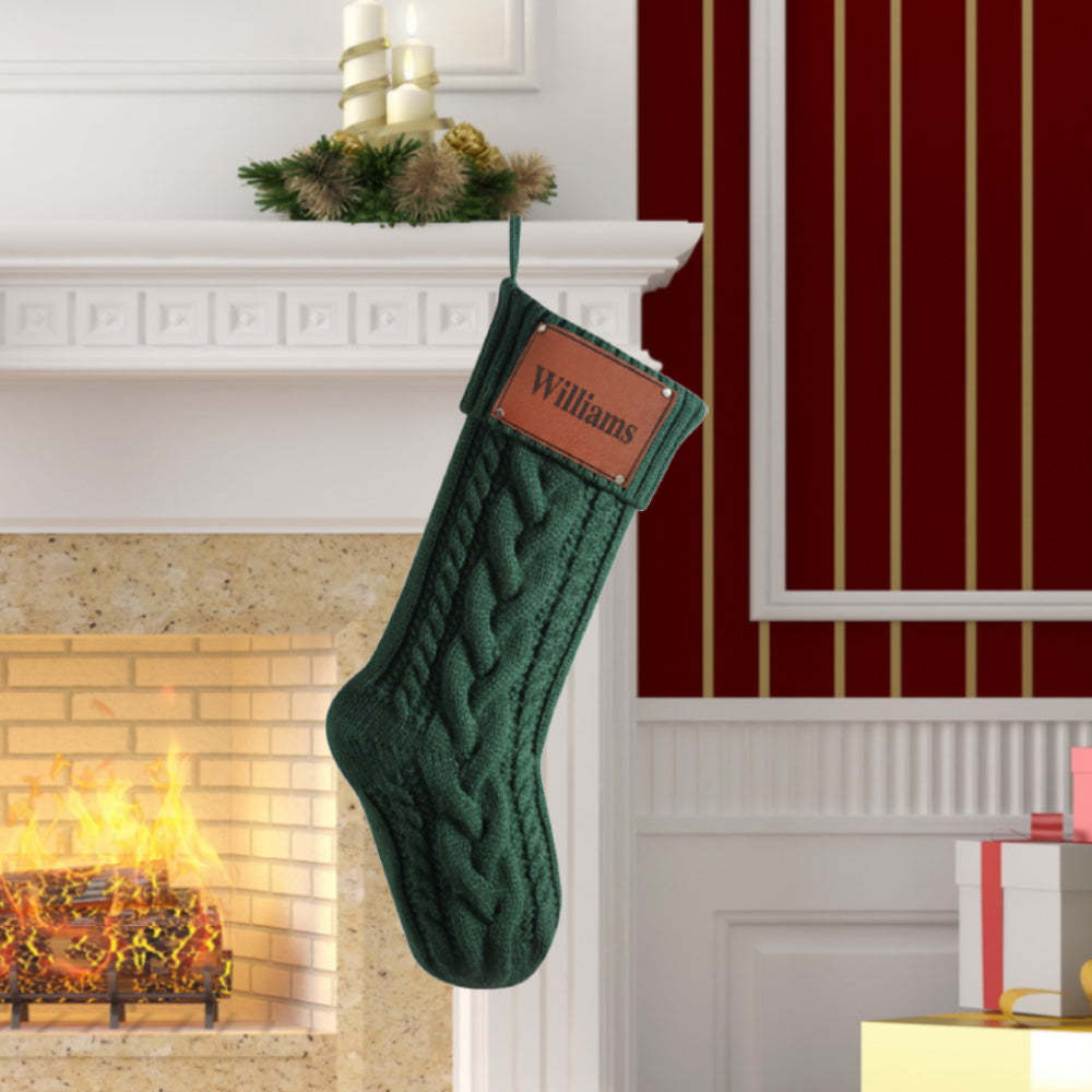 Personalized Christmas Stocking with Name Leather Patches Knitted Xmas Stockings Decoration -