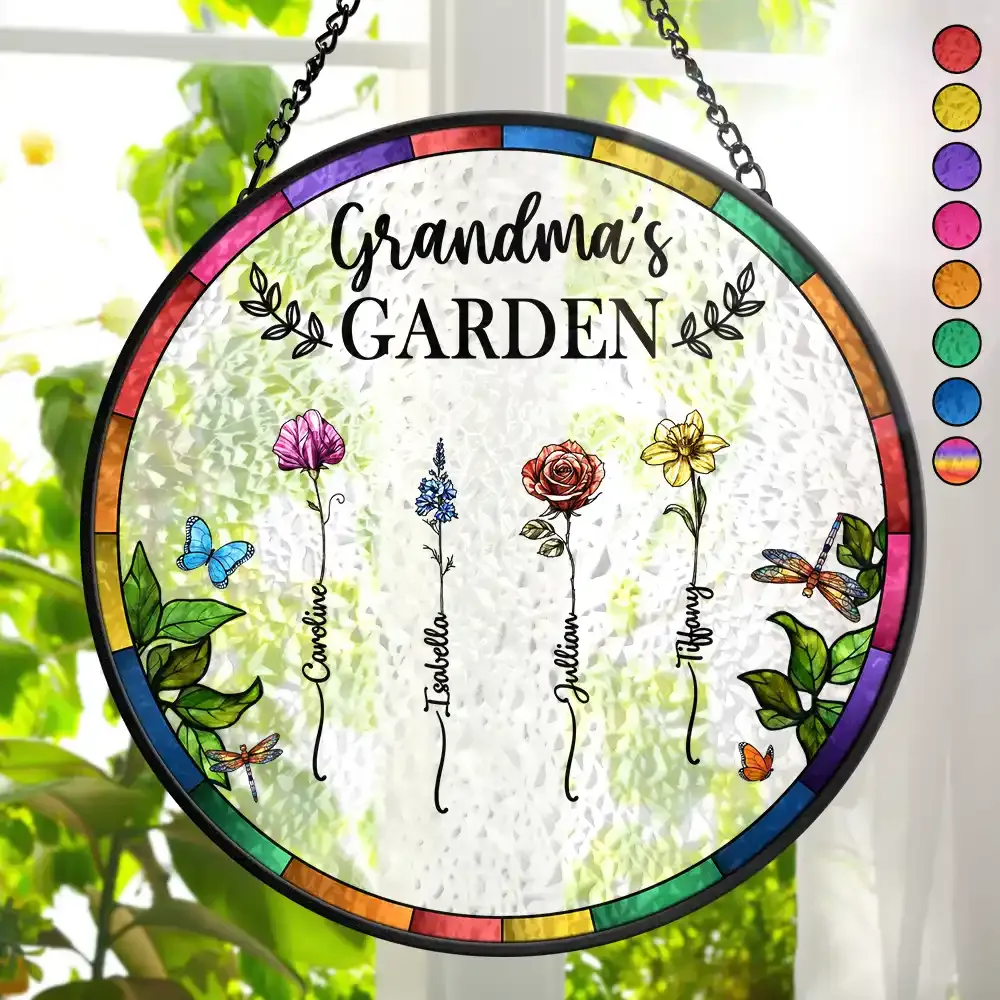 Birth Flower Grandma's Garden - Personalized Stained Glass Window Hanging Suncatcher - GetPhotoSocksUk