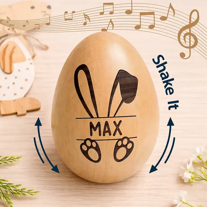 Adorable Bunny With Name - Personalized Musical Wooden Easter Egg Shaker - GetPhotoSocksUk