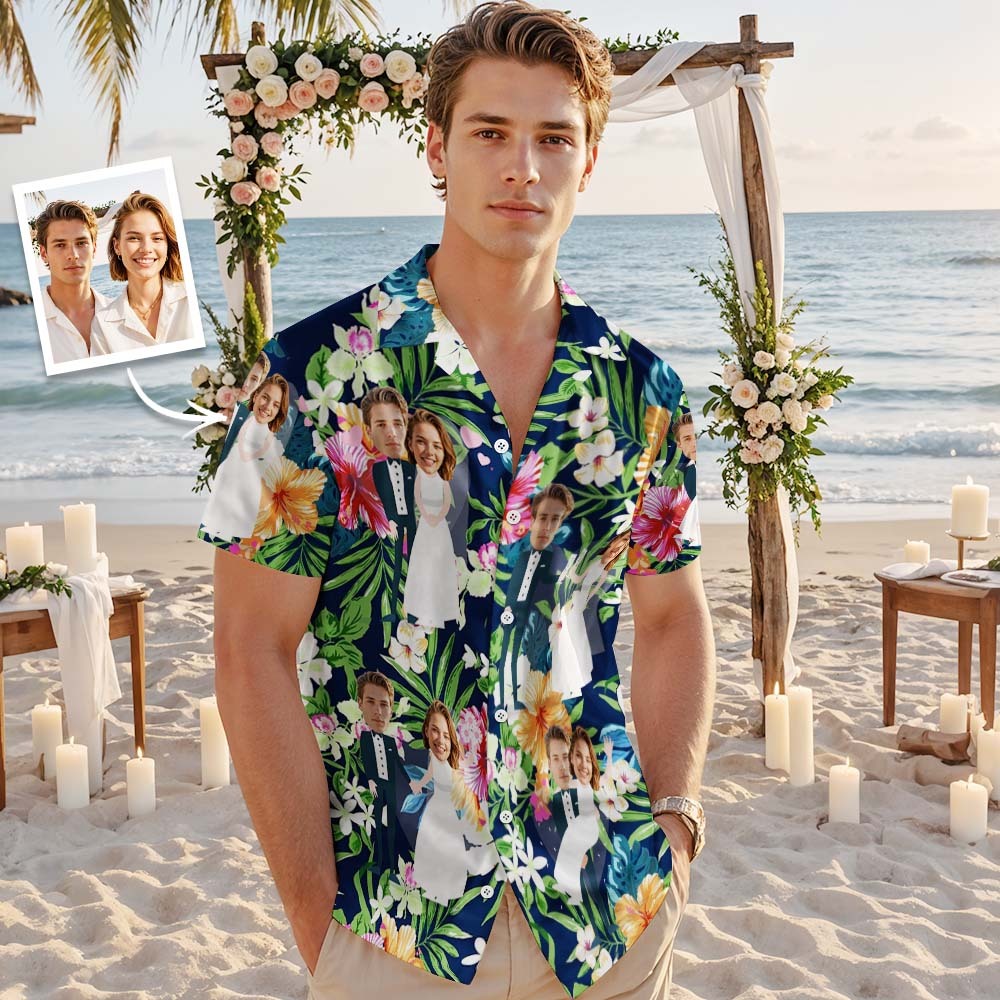 Custom Face Hawaiian Shirt Wedding Couple Face Hawaiian Shirt Personalized White Leaves Wedding Dress - GetPhotoSocksUk