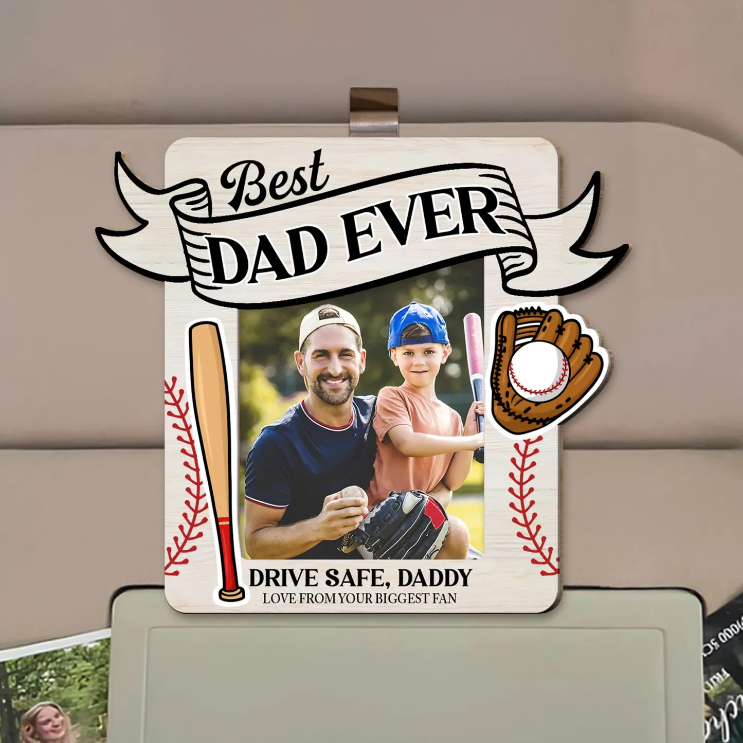 Personalized Photo Wooden Car Visor Clip Drive Safe Daddy Love From Bi