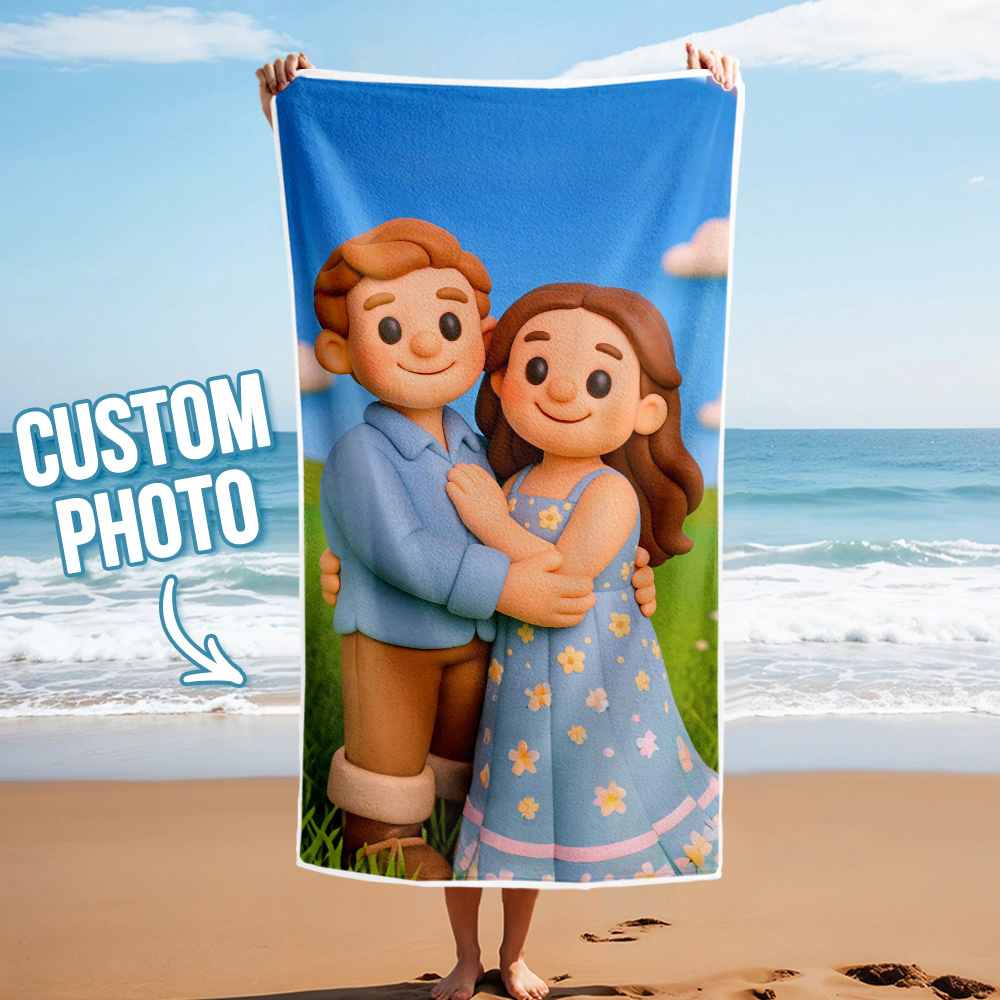 Custom Photo Beach Towel with Cartoon Design Personalized Wedding & Anniversary Gift - GetPhotoSocksUk