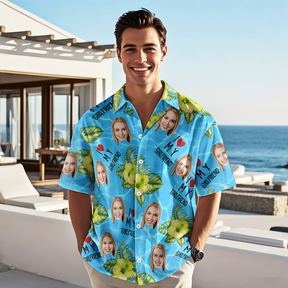 Custom Face Hawaiian Shirt Summer Vacation Couple Face Hawaiian Shirt I Love My Wife Hawaiian Shirt - GetPhotoSocksUk