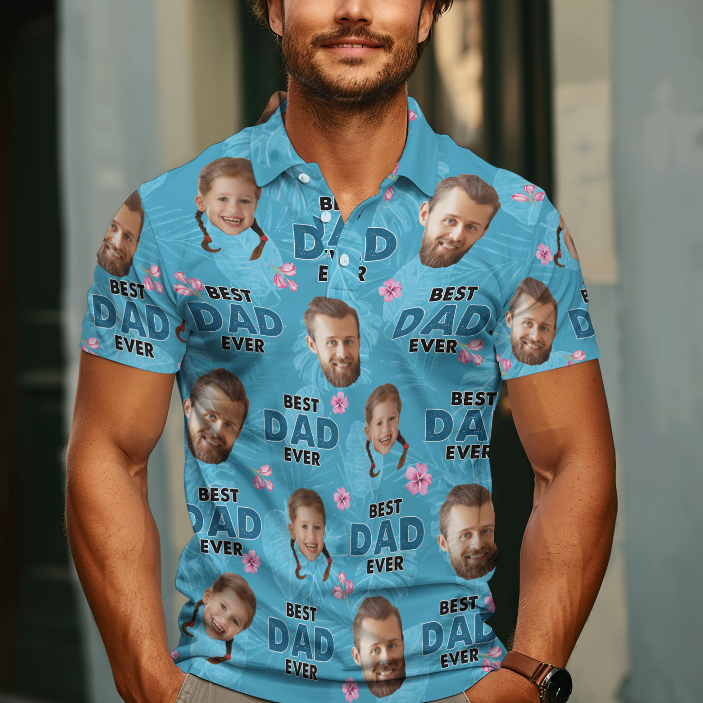Custom Face Polo Hawaiian Blue Golf Polo Shirt Best Dad Ever Men's Polo Shirt Fathers Day Gift - GetPhotoSocksUk