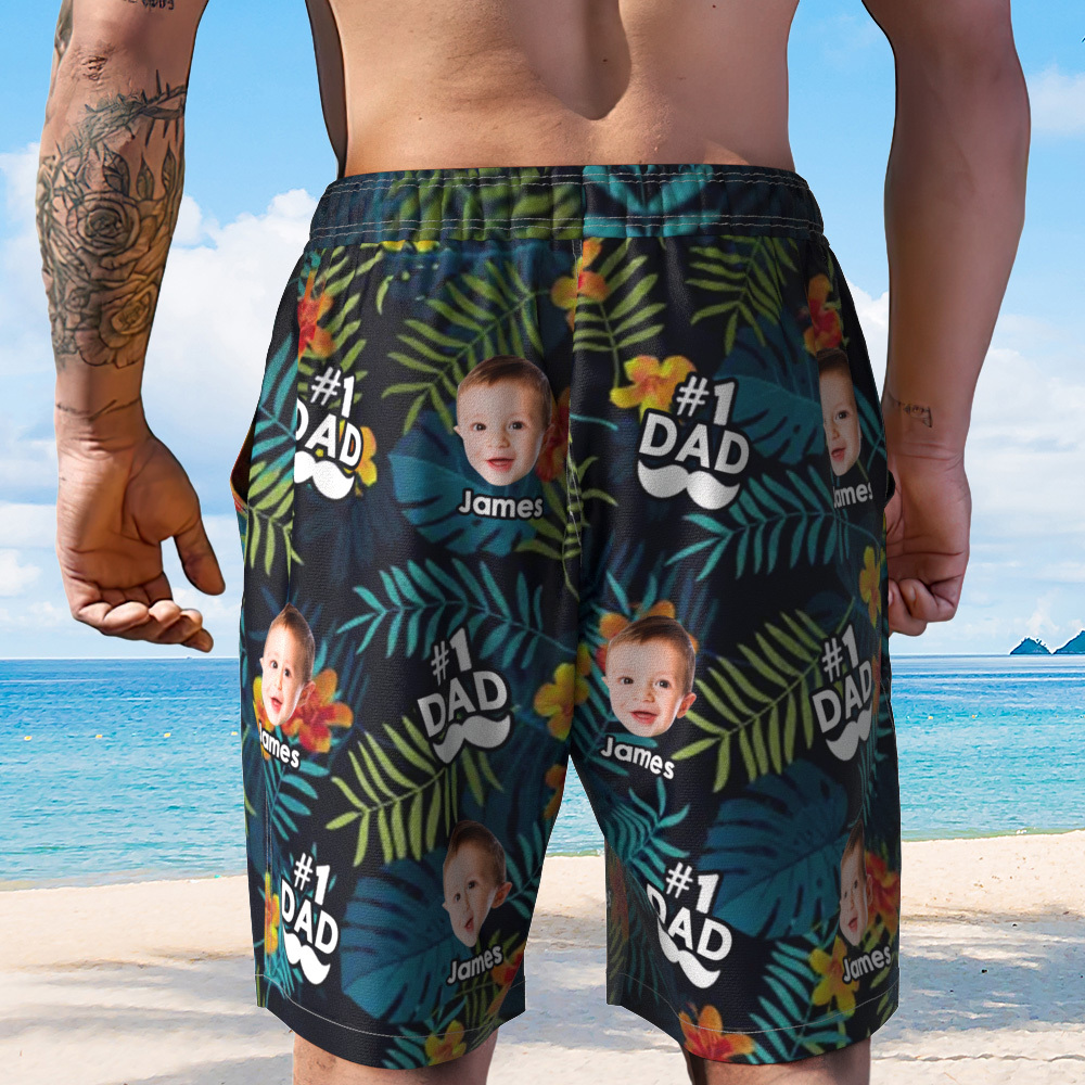 Personalized Face Mens Swim Trunks Custom Name Dad Beard Tropical Swim Shorts Fathers Day Gift - GetPhotoSocksUk