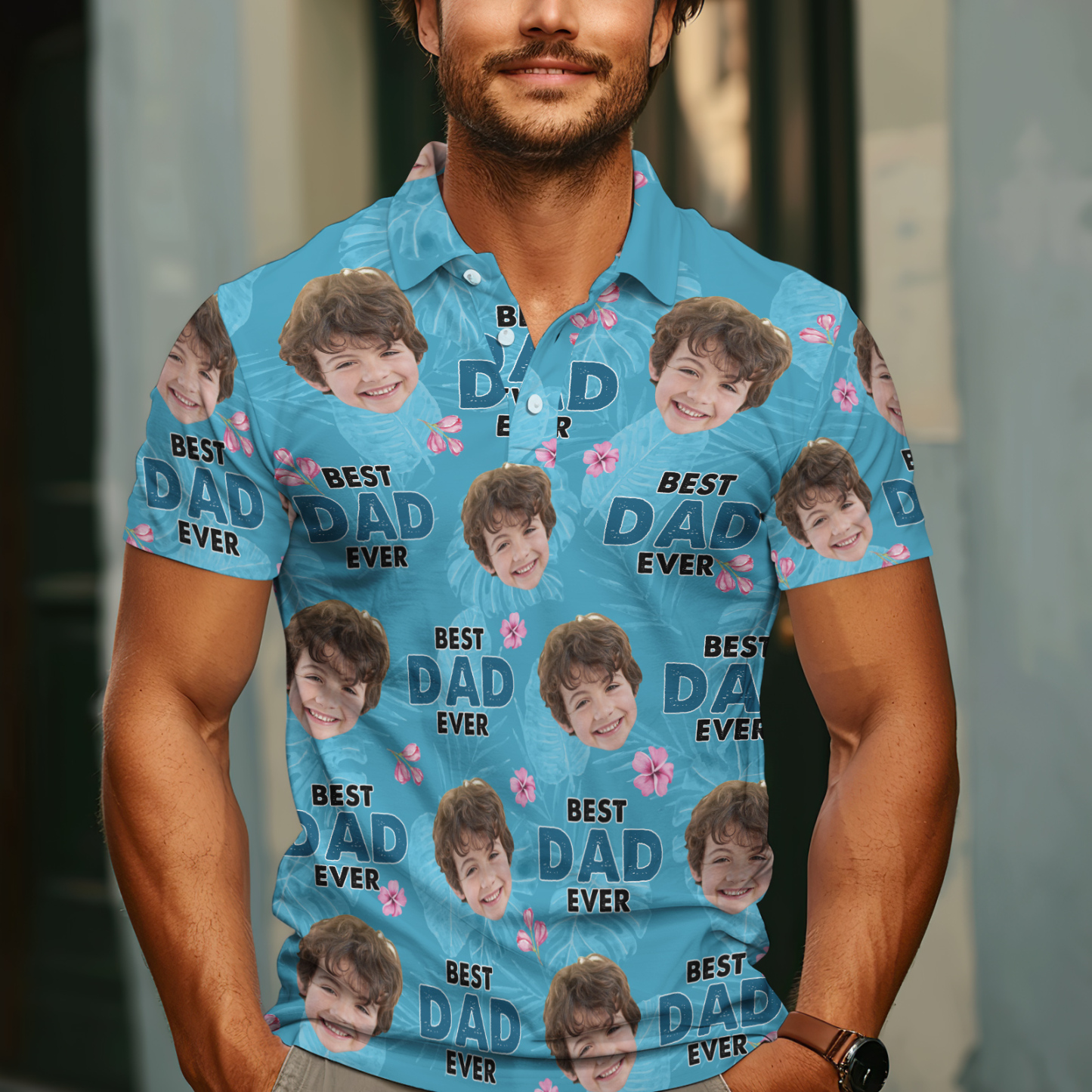 Custom Face Polo Hawaiian Blue Golf Polo Shirt Best Dad Ever Men's Polo Shirt Fathers Day Gift - GetPhotoSocksUk