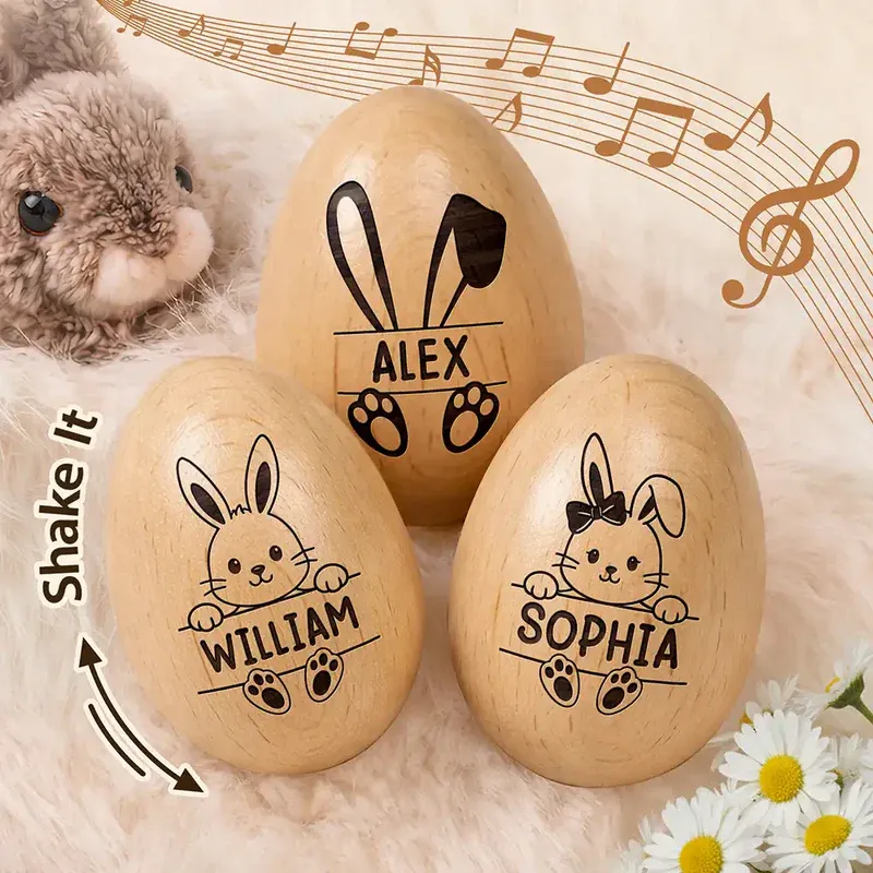 Adorable Bunny With Name - Personalized Musical Wooden Easter Egg Shaker - GetPhotoSocksUk