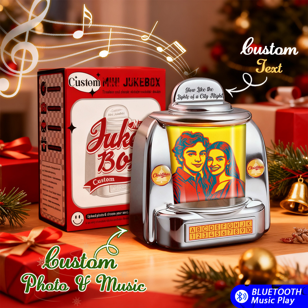 Custom Mini Jukebox Retro Speaker - Personalized Neon Light Portrait Photo Music Mini Player with Radio | Vintage Tabletop Home Decor Nostalgic Christmas Retro Gifts - GetPhotoSocksUk
