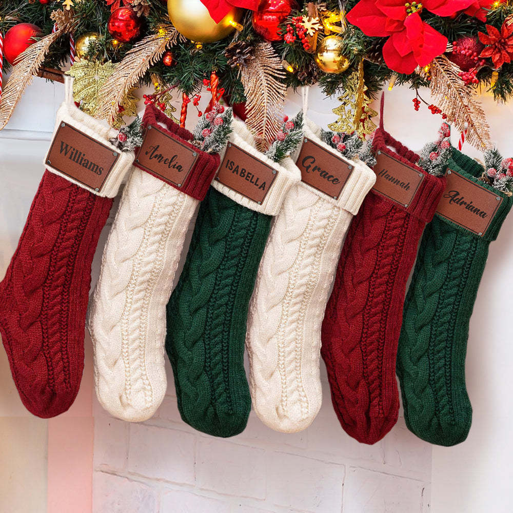 Personalized Christmas Stocking with Name Leather Patches Knitted Xmas Stockings Decoration -