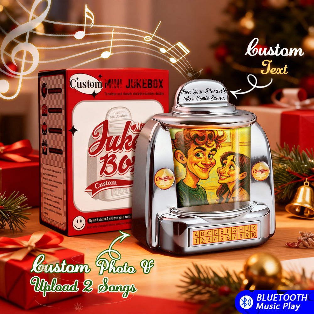 Custom Mini Jukebox Retro Speaker - Personalized Neon Light Portrait Photo Music Mini Player with Radio | Vintage Tabletop Home Decor Nostalgic Christmas Retro Gifts - GetPhotoSocksUk