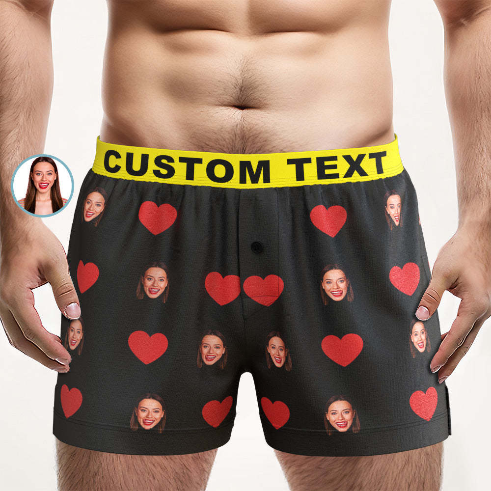 Custom Face Red Heart Design Boxer Shorts with Personalised Text on the Waistband Personalised Underwear for Him -