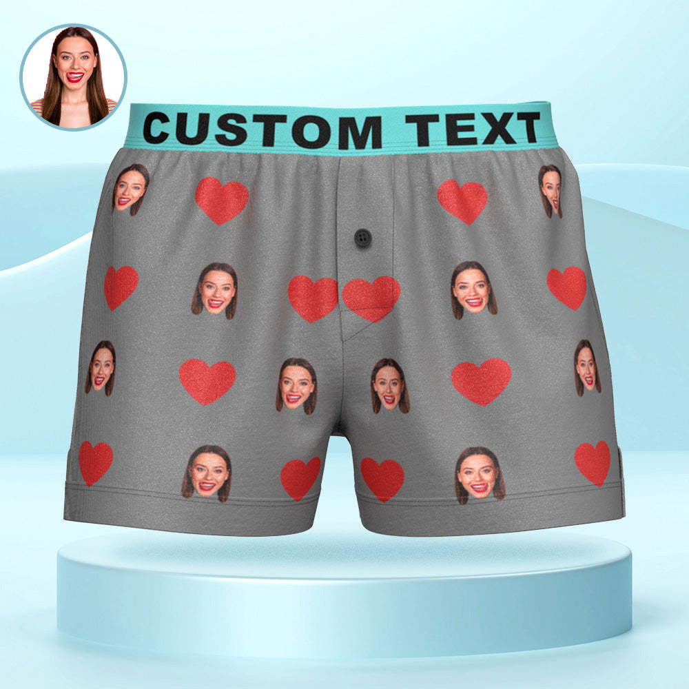Custom Face Red Heart Design Boxer Shorts with Personalised Text on the Waistband Personalised Underwear for Him -