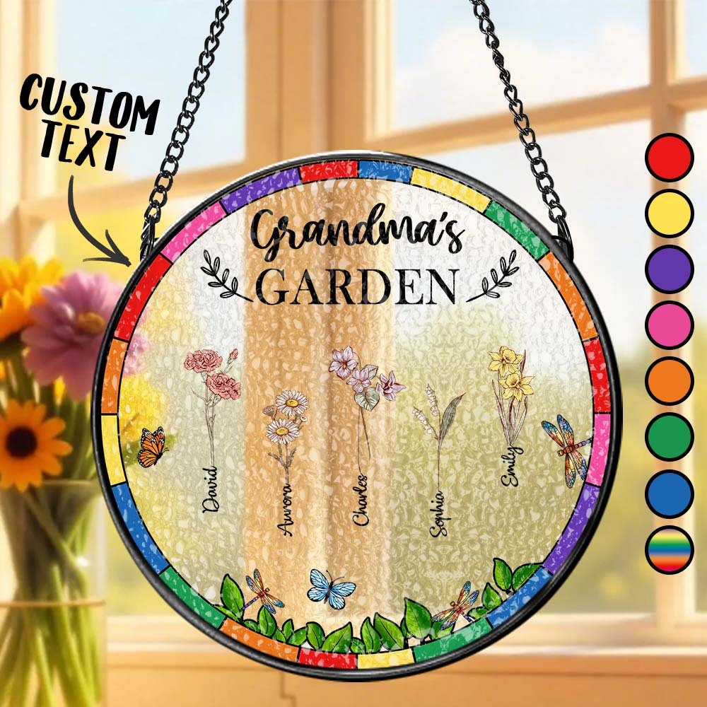 Birth Flower Grandma's Garden - Personalized Stained Glass Window Hanging Suncatcher - GetPhotoSocksUk