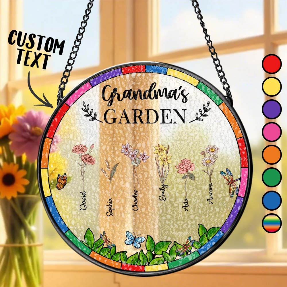 Birth Flower Grandma's Garden - Personalized Stained Glass Window Hanging Suncatcher - GetPhotoSocksUk