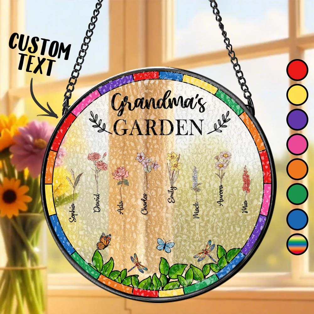 Birth Flower Grandma's Garden - Personalized Stained Glass Window Hanging Suncatcher - GetPhotoSocksUk