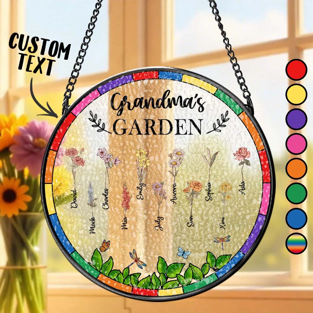 Birth Flower Grandma's Garden - Personalized Stained Glass Window Hanging Suncatcher - GetPhotoSocksUk