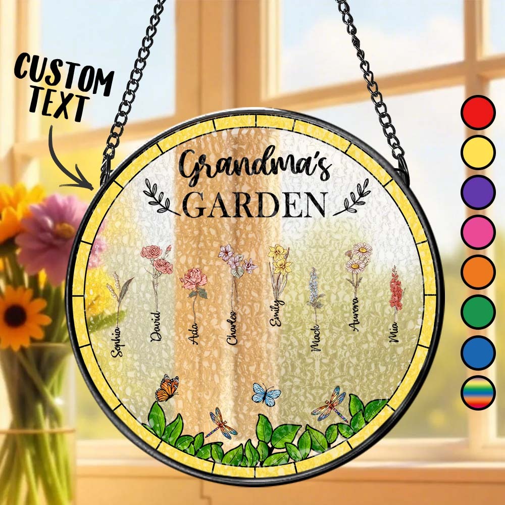 Birth Flower Grandma's Garden - Personalized Stained Glass Window Hanging Suncatcher - GetPhotoSocksUk