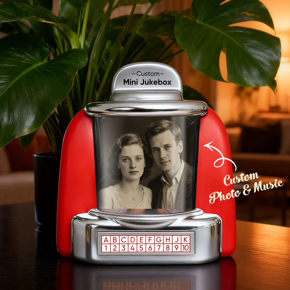 Custom Mini Jukebox Retro Speaker – Personalized Photo,Names & Date Music Mini Player with Radio | Vintage Tabletop Home Decor Nostalgic Christmas Retro Gifts - GetPhotoSocksUk