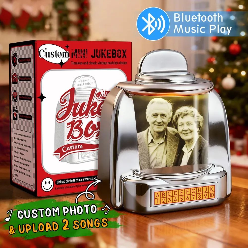 Custom Mini Jukebox Retro Speaker – Personalized Photo,Names & Date Music Mini Player with Bluetooth Music Radio | Vintage Tabletop Home Decor Nostalgic Gift - GetPhotoSocksUk