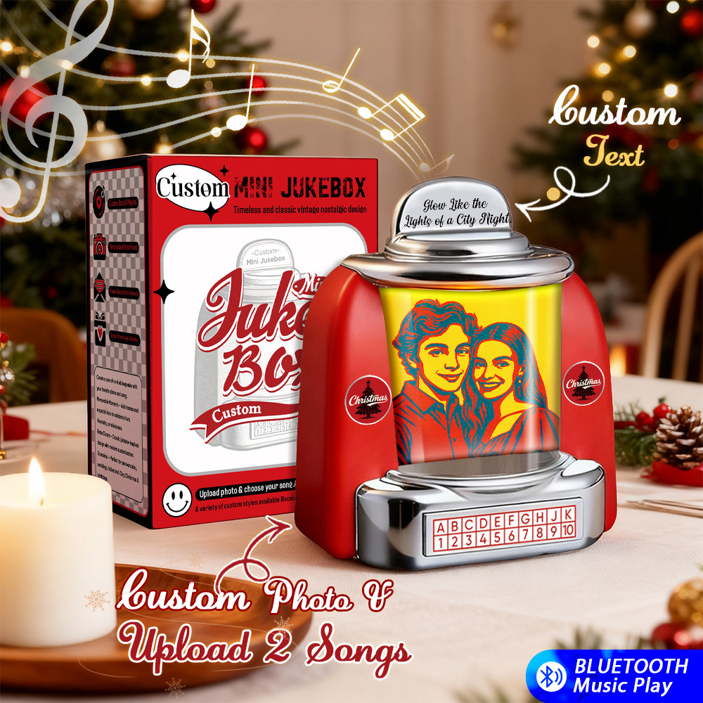Custom Mini Jukebox Retro Speaker - Personalized Neon Light Portrait Photo Music Mini Player with Radio | Vintage Tabletop Home Decor Nostalgic Christmas Retro Gifts - GetPhotoSocksUk