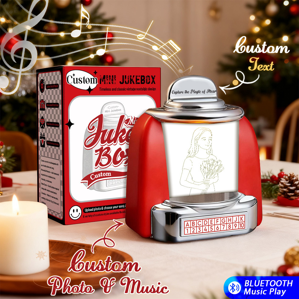 Custom Mini Jukebox Retro Speaker - Personalized Neon Light Portrait Photo Music Mini Player with Radio | Vintage Tabletop Home Decor Nostalgic Christmas Retro Gifts - GetPhotoSocksUk