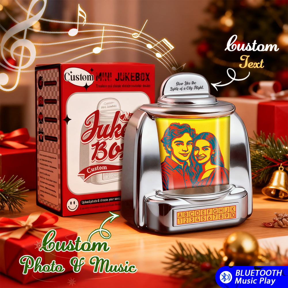 Custom Mini Jukebox Retro Speaker - Personalized Neon Light Portrait Photo Music Mini Player with Radio | Vintage Tabletop Home Decor Nostalgic Christmas Retro Gifts - GetPhotoSocksUk