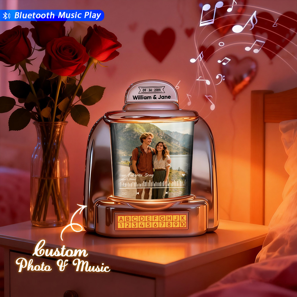 Custom Mini Jukebox with Photo & Bluetooth Music Player – Personalized Jukebox Gift for Couples, Anniversary, Valentine's Day & Home Decor - GetPhotoSocksUk