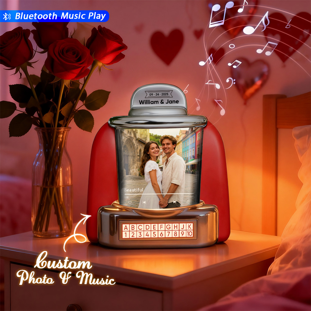 Custom Mini Jukebox with Photo & Bluetooth Music Player – Personalized Jukebox Gift for Couples, Romantic Moments, Anniversaries Valentine's Day & Home Decor