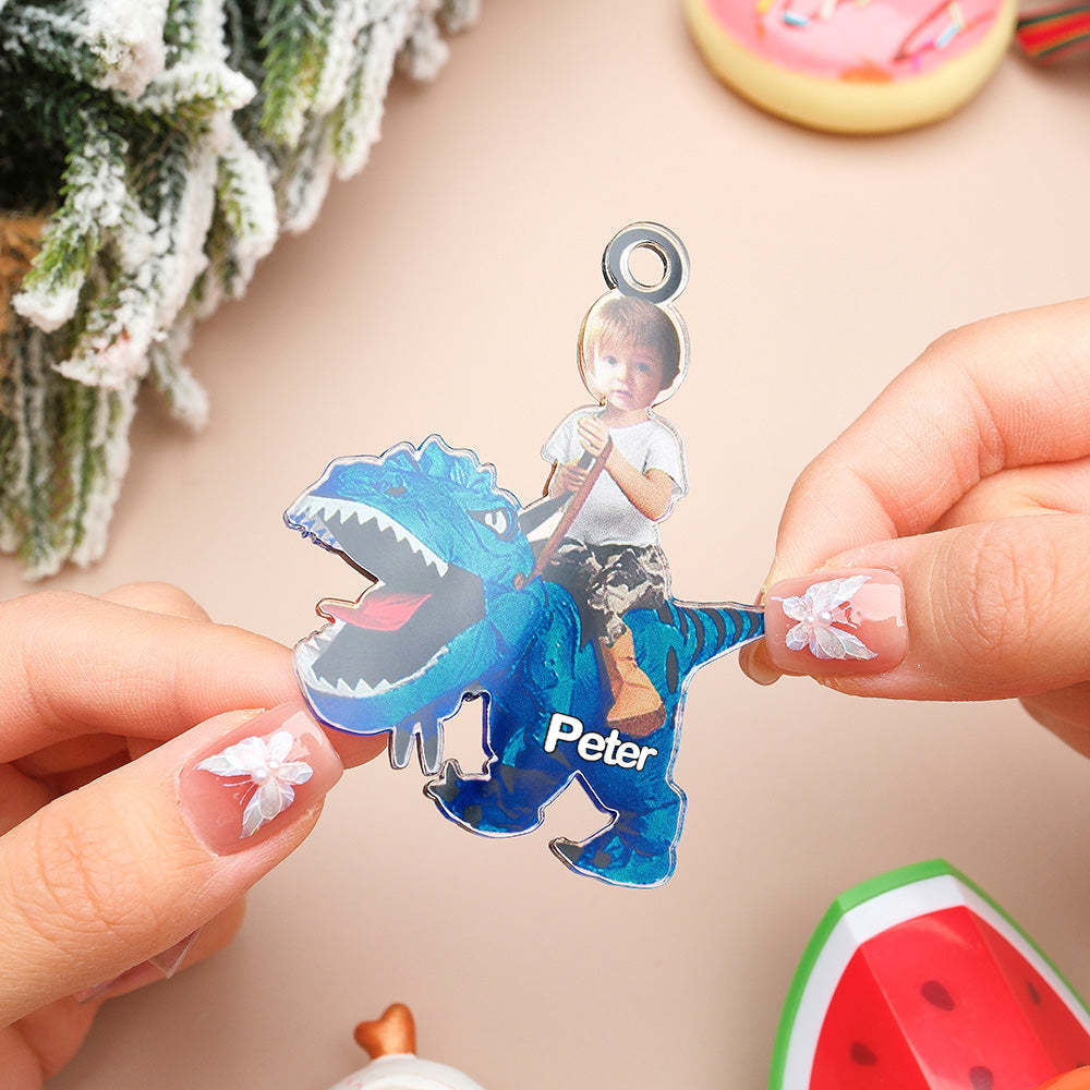 Personalized Cute Kid Rides The Dinosaurus Ornament with Name Christmas Ornament Gift - GetPhotoSocksUk