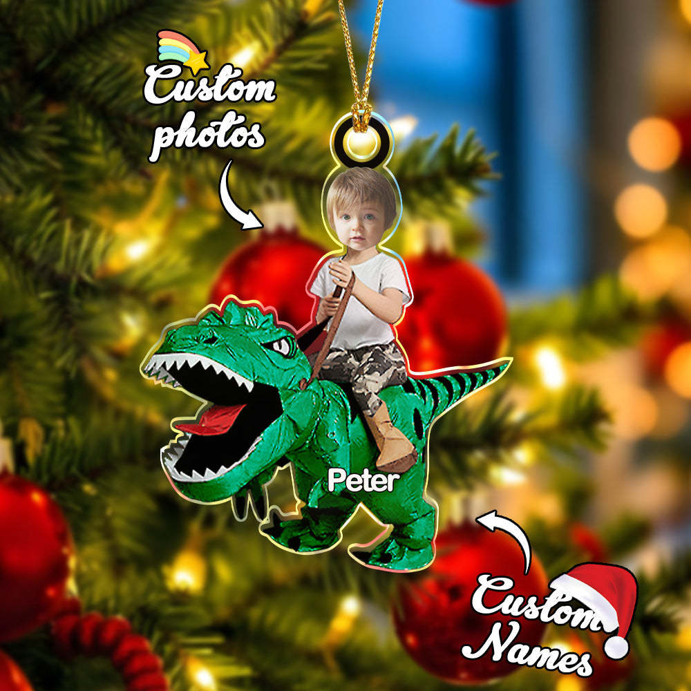 Personalized Cute Kid Rides The Dinosaurus Ornament with Name Christmas Ornament Gift - GetPhotoSocksUk