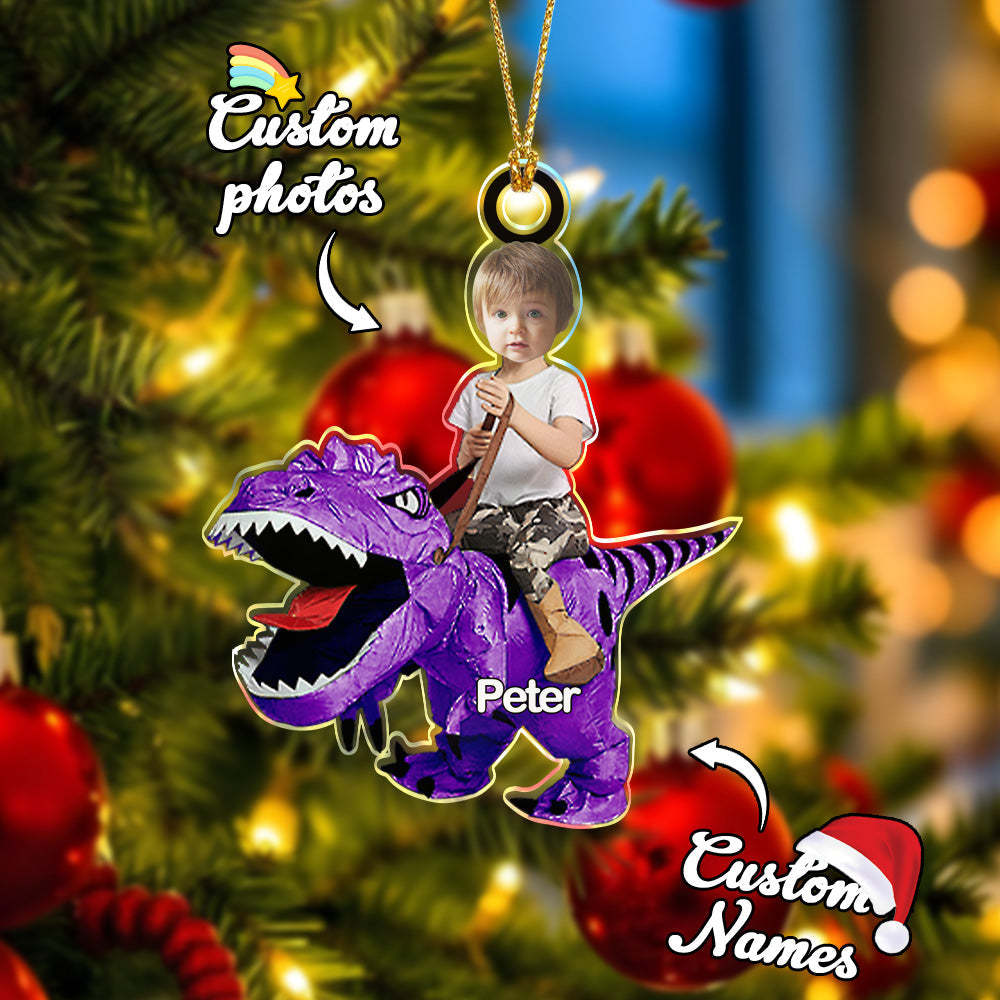 Personalized Cute Kid Rides The Dinosaurus Ornament with Name Christmas Ornament Gift - GetPhotoSocksUk