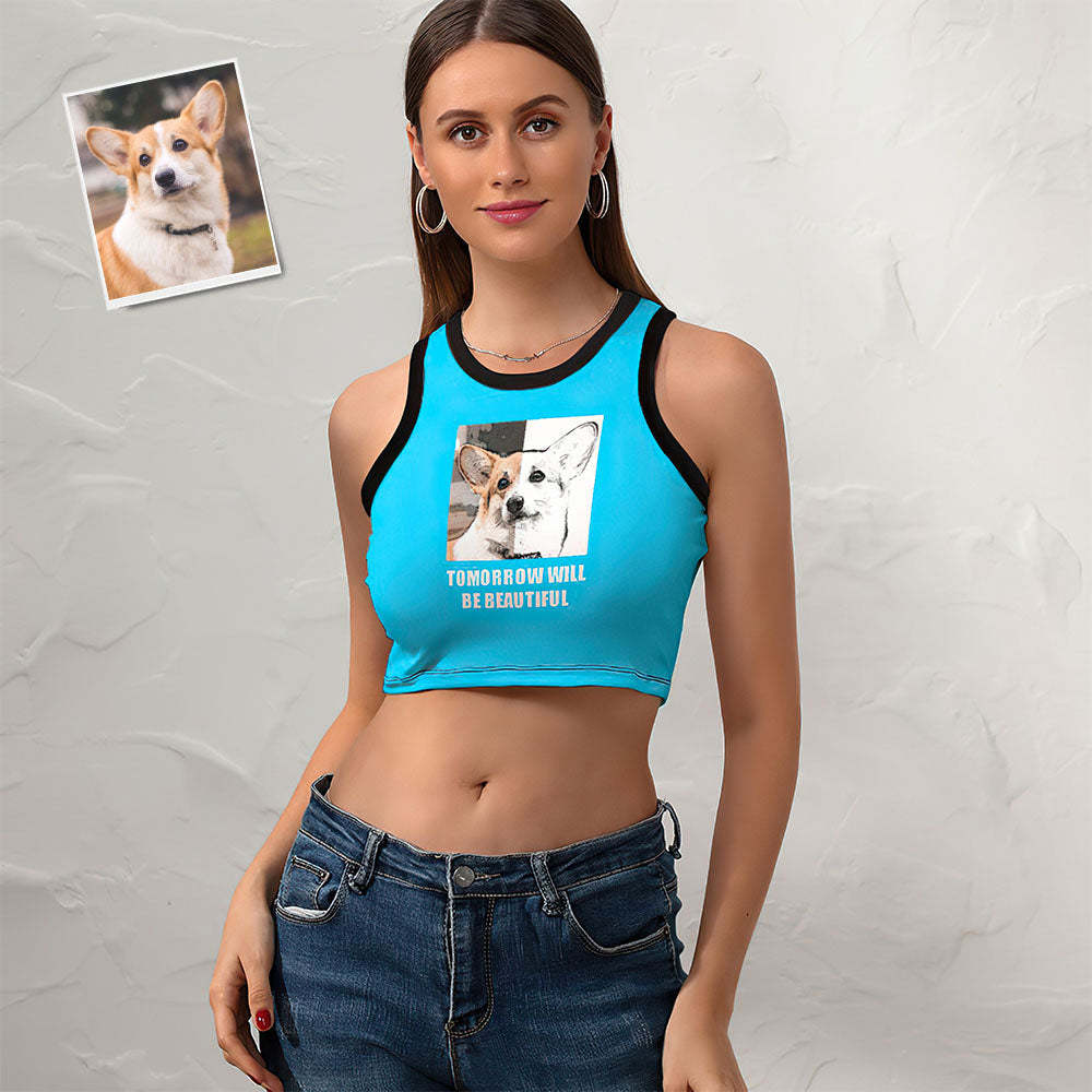 Custom Dog Face Ladies Short Racer Vest Comic Lines Crop Top -