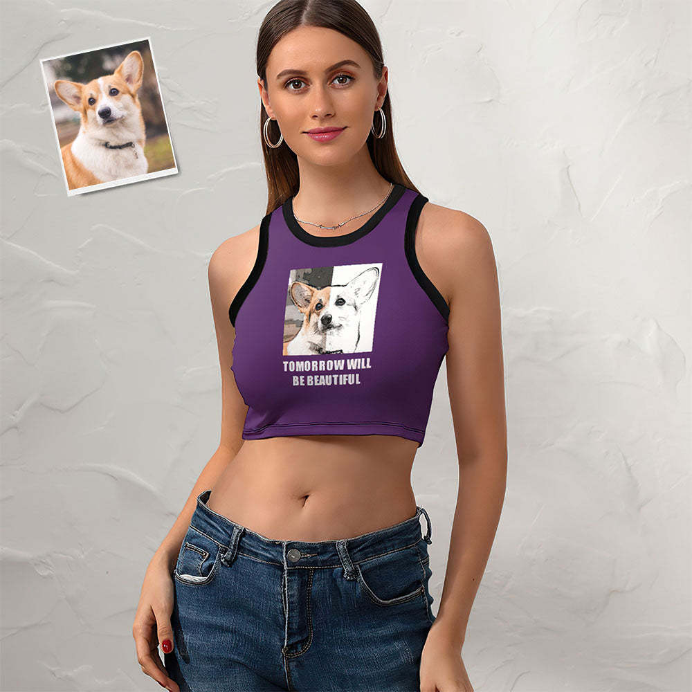 Custom Dog Face Ladies Short Racer Vest Comic Lines Crop Top -