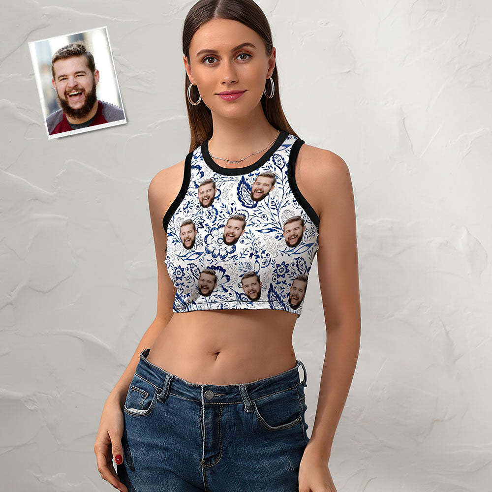 Custom Face Ladies Short Racer Vest Oriental Paisley Floral Pattern Crop Top -