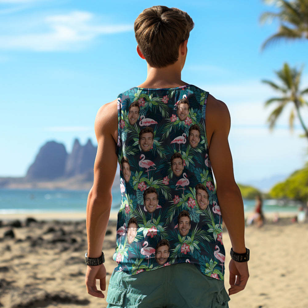 Custom Thick Face Tank Tops Men's Sleeveless Shirt Leaves & Flamingo -