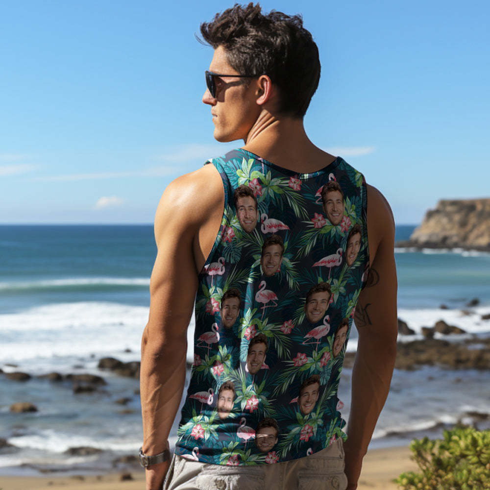 Custom Thick Face Tank Tops Men's Sleeveless Shirt Leaves & Flamingo -