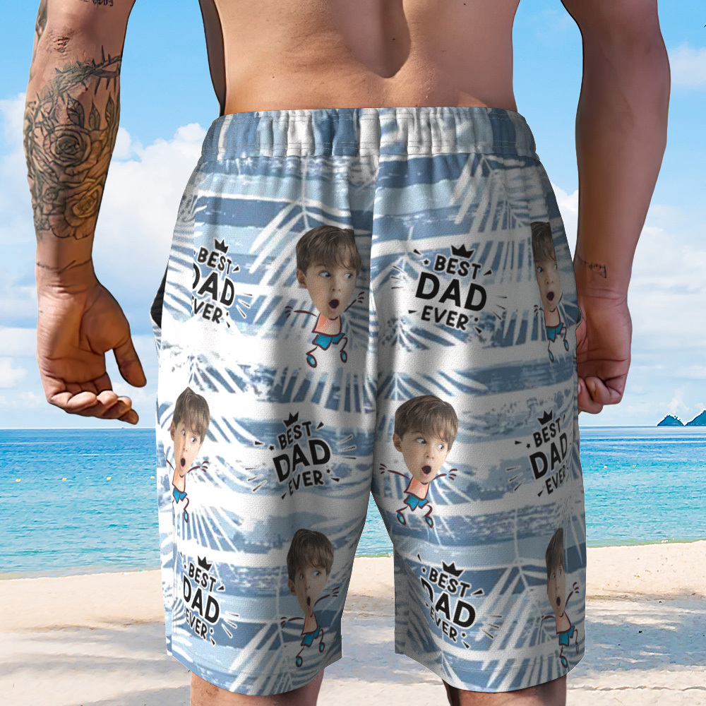 Personalized Face Mens Swim Trunks Custom Name Dad Beard Tropical Swim Shorts Fathers Day Gift - GetPhotoSocksUk