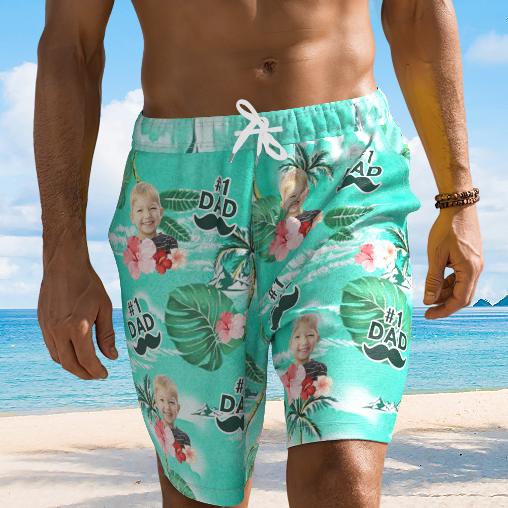 Personalized Face Mens Swim Trunks Custom Name Dad Beard Tropical Swim Shorts Fathers Day Gift - GetPhotoSocksUk
