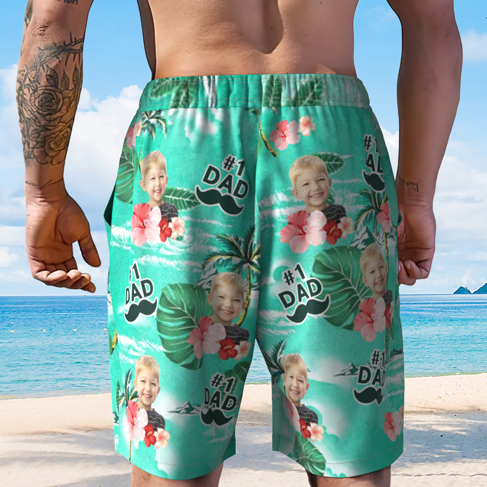 Personalized Face Mens Swim Trunks Custom Name Dad Beard Tropical Swim Shorts Fathers Day Gift - GetPhotoSocksUk